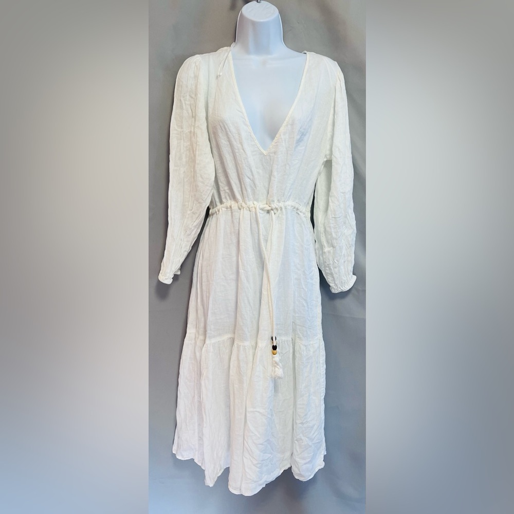 Joie Womens Linen Blend V Neck Long Sleeves A Line Sun Dress White Size Large